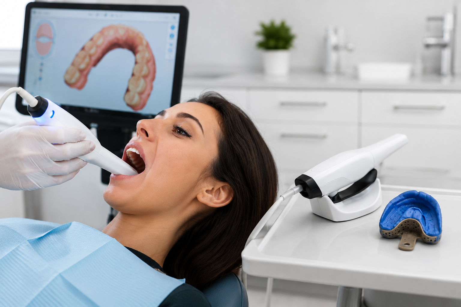 A dentist discussing dental treatment progress and oral care with a patient inside a clinic.